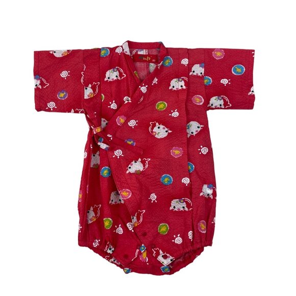 Red Baby Kimono Romper With Cat & Candy Print Size 12-18M - Picture 1 of 5